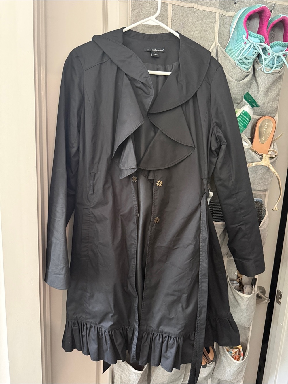 Willi Smith Black Ruffle-Hem Trench Coat